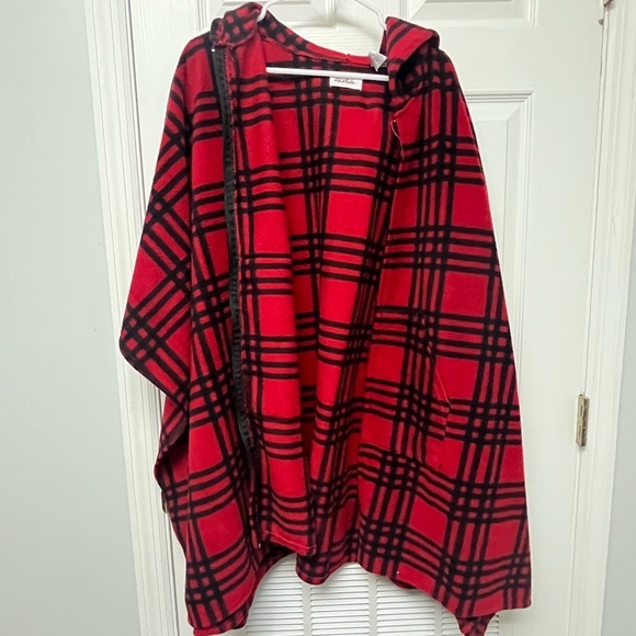 Moda Sweaters - Moda Red and Black Plaid Poncho with Hood and Pockets